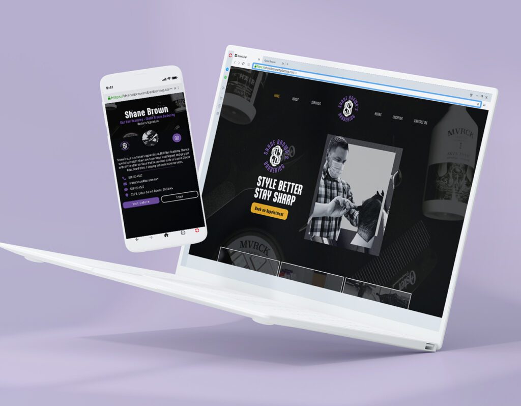 A smartphone and laptop showing the WordPress Website Design for Shane Browns Barbering
