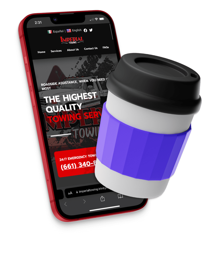 A smartphone with a WordPress Website Design of Imperial Towing and a coffee in front of the mobile device