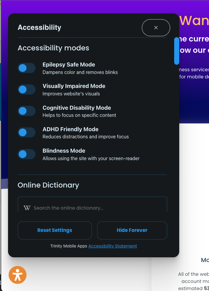 Accessibility widget depicting various accessibility functions on a website
